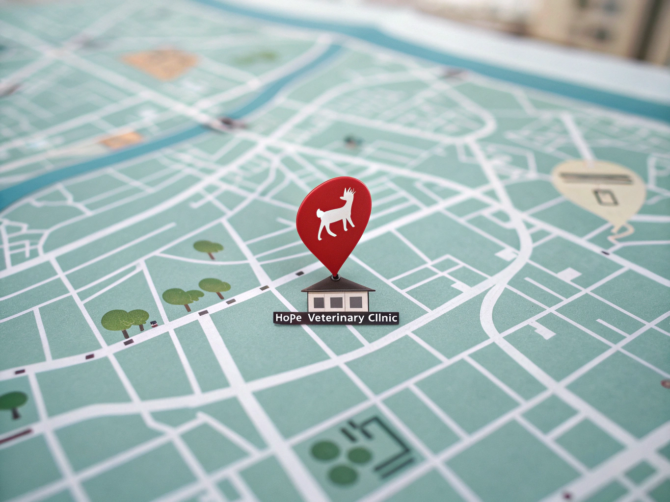Map showing the location of Happy Paws Animal Hospital